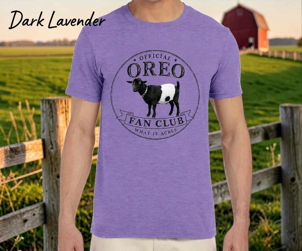 Official Oreo Fan Club in Bella+Canvas Dark Lavender, short style.