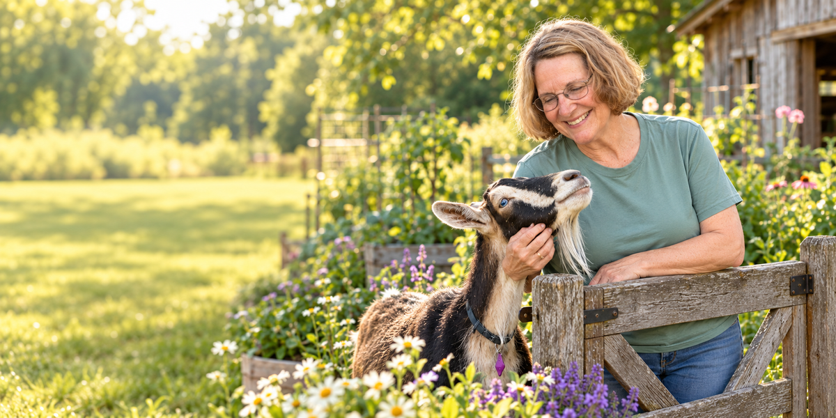 AI-created farm scene of Mary in a sage green shirt gently scratching a goat at a garden gate.