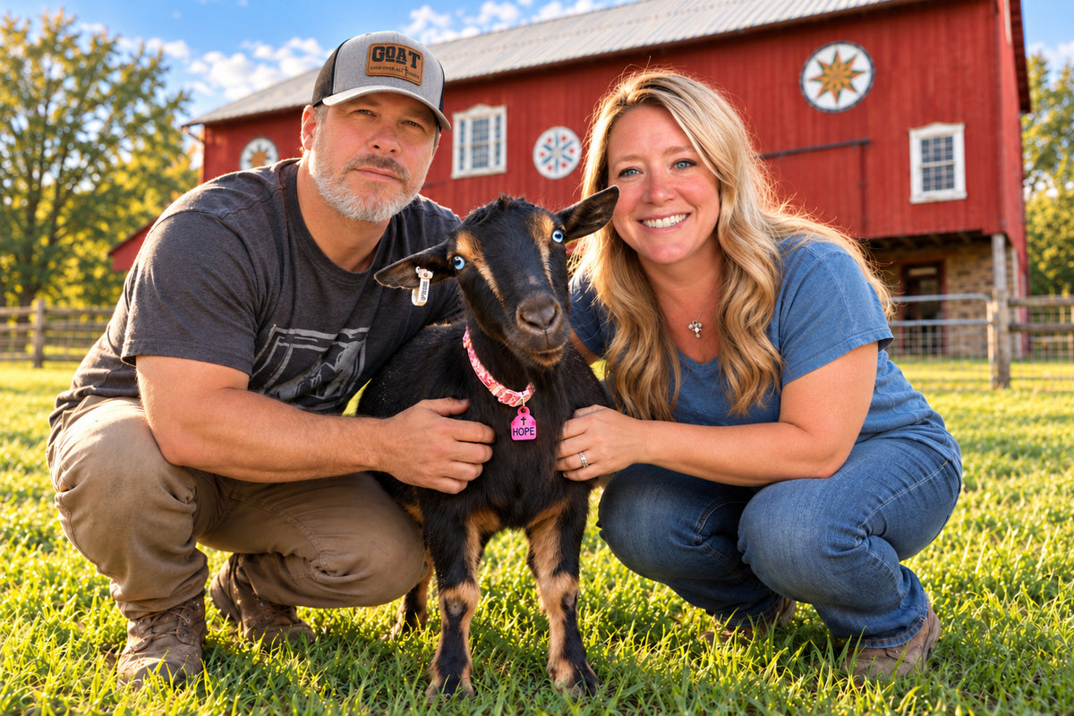 Justin and Lauren with Hope at the farm; Justin wears the GOAT God Over All Things hat