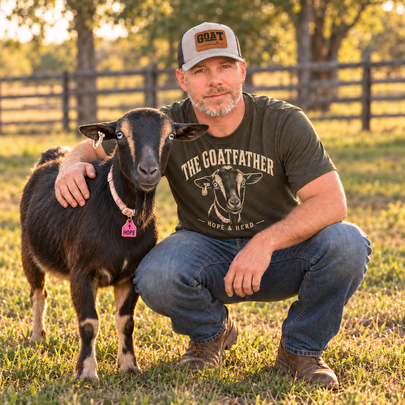 AI-assisted portrait of The Goatfather beside Hope the goat, wearing a Hope and Herd concept shirt. Concept only; this item is not available to order.