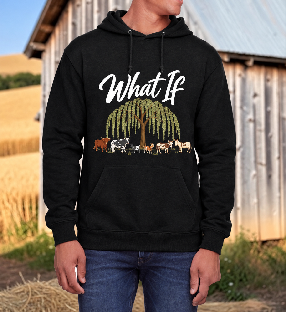 What If Farm Crew Black hoodie sweatshirt with the willow tree and original farm crew design.
