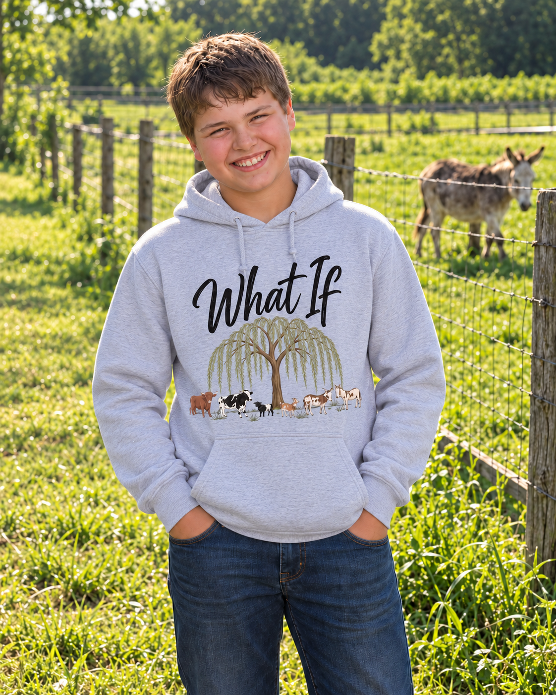 What If Farm Crew Light Grey hoodie sweatshirt with the willow tree and original farm crew design.