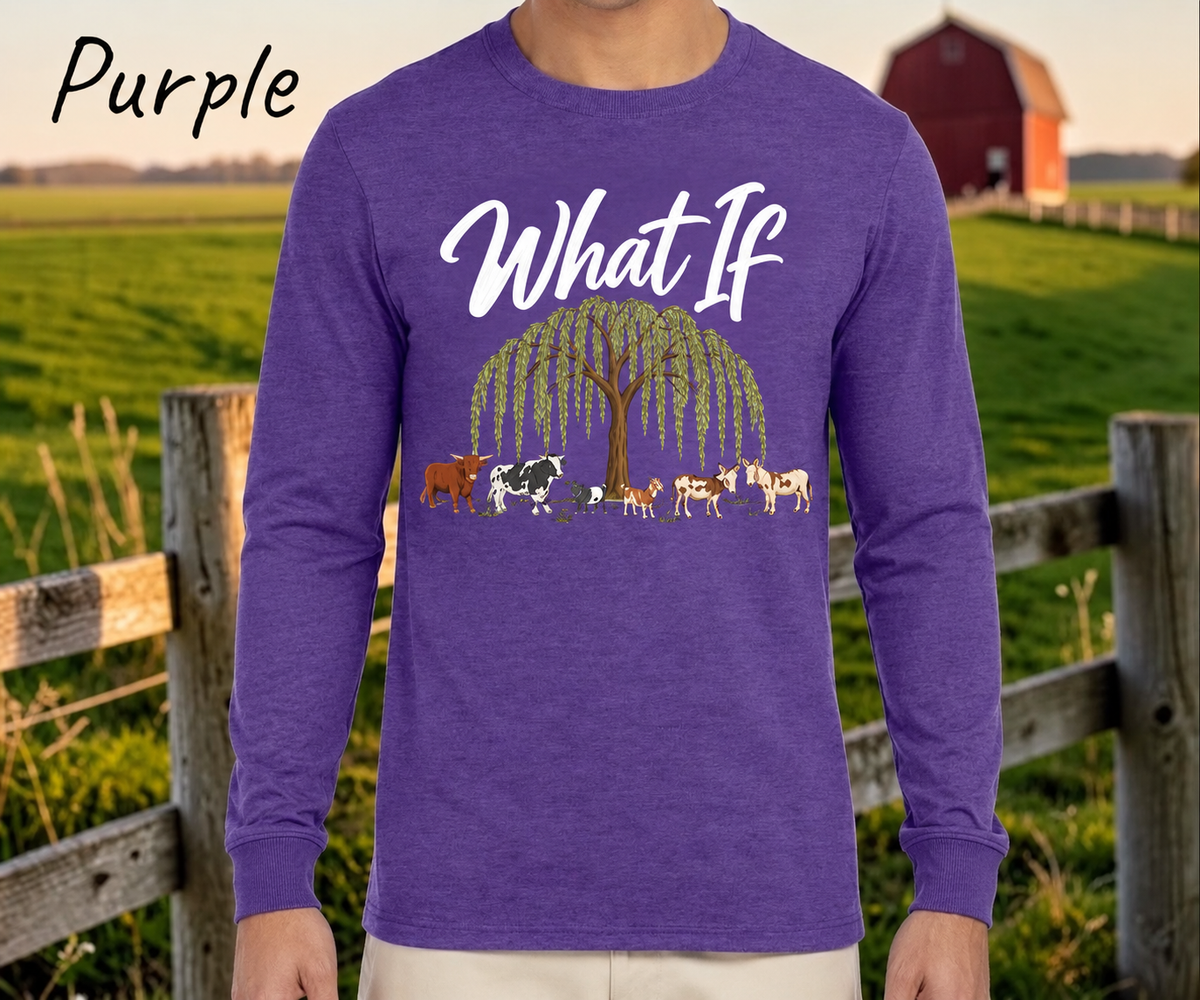 What If Farm Crew Purple long sleeve with the willow tree and original farm crew design.