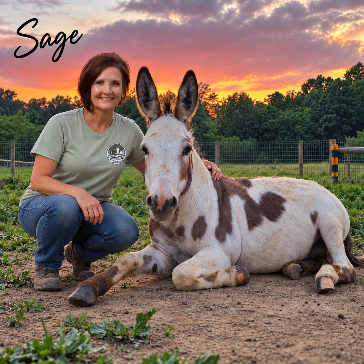 Sage color option: Mary wearing the sage green What If Acres Willow Tree Logo shirt beside the spotted donkey at sunset.