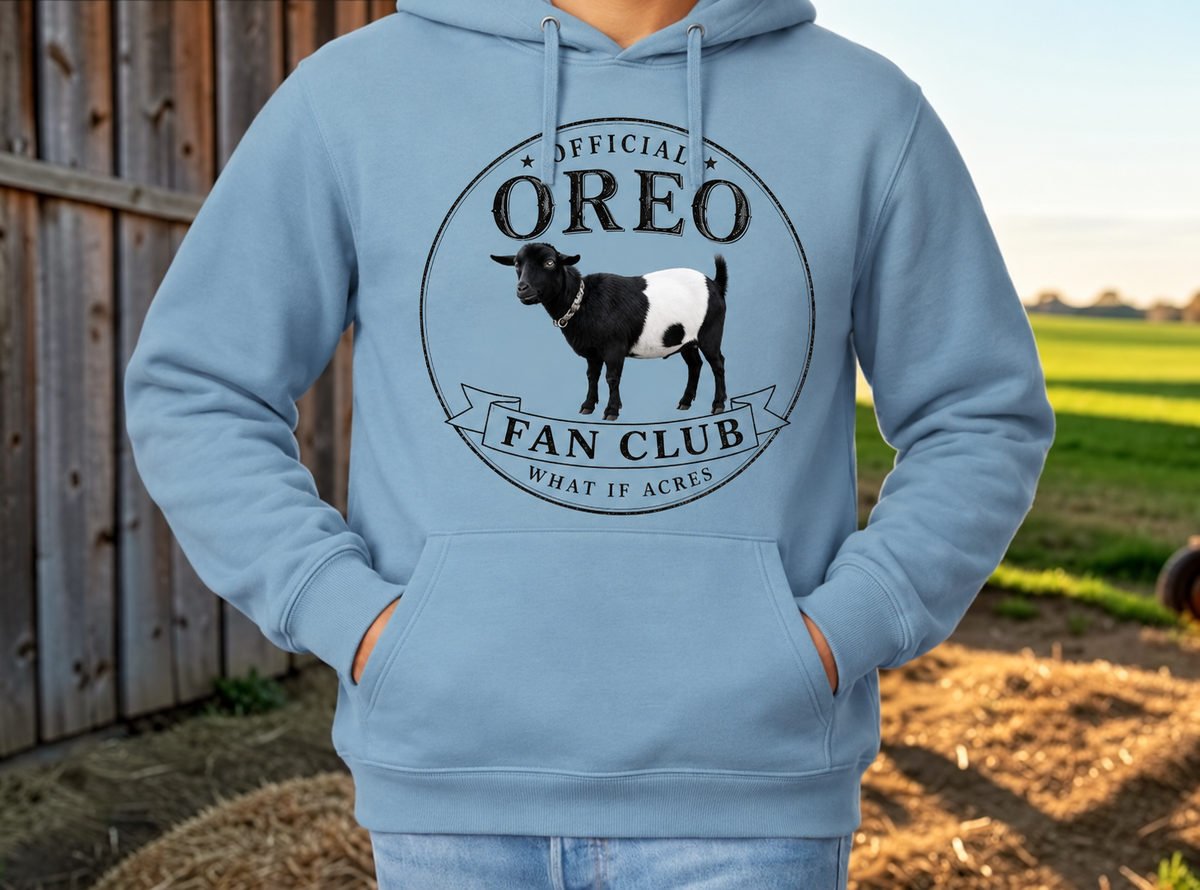 Official Oreo Fan Club Blue hoodie sweatshirt with the original Oreo design at the farm.