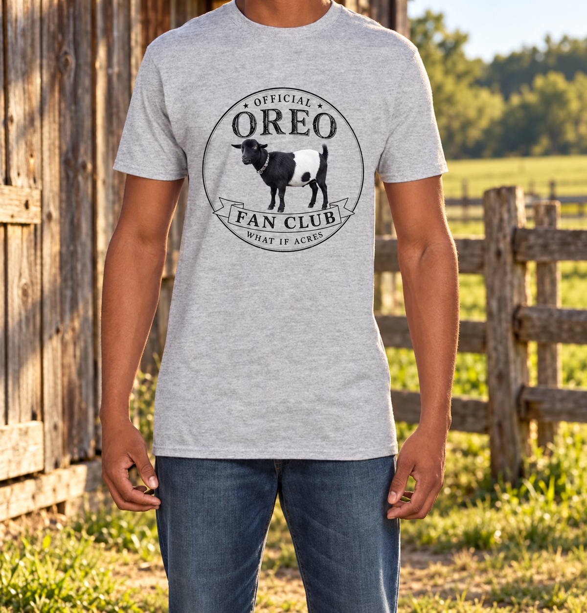 Official Oreo Fan Club Light Grey short-sleeve shirt with farm background.
