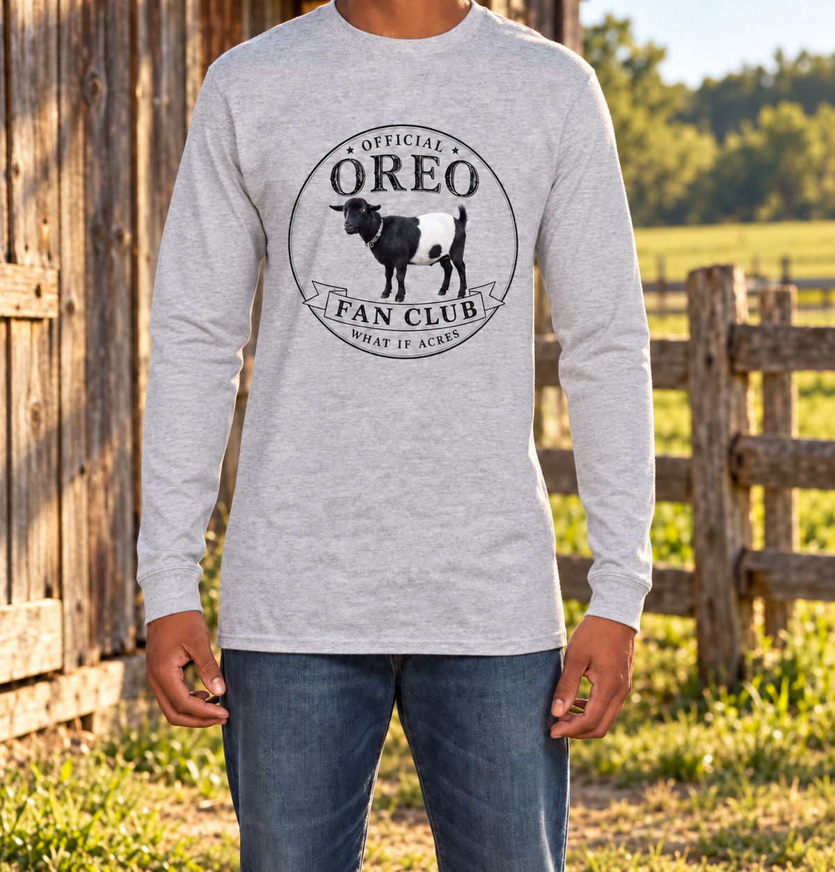 Official Oreo Fan Club Light Grey long sleeve with the original Oreo design at the farm.
