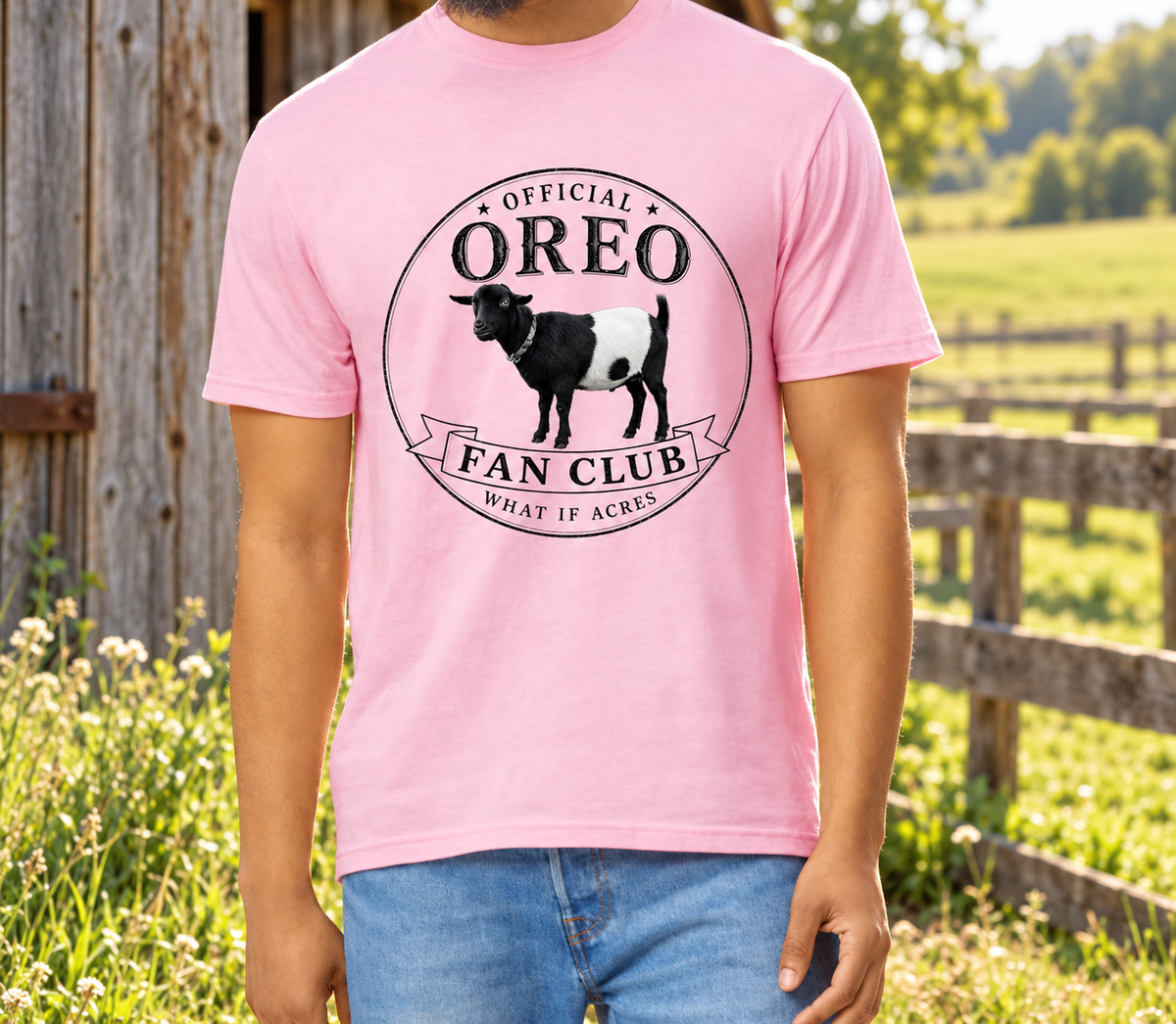 Official Oreo Fan Club Pink short-sleeve shirt with farm background.